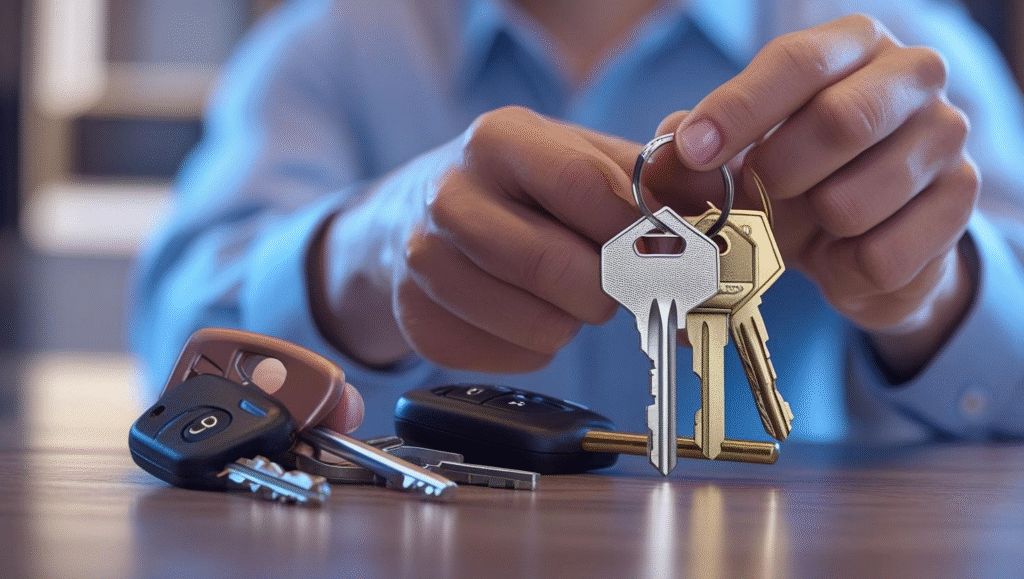 Locksmith holding keys – Key duplication, repair, replacement, and emergency locksmith services in Delhi by KeyMakerHub.